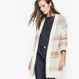 Anthropologie Numph Loraina Open Front Cardigan Stripe Cream Metallic Size L